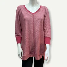 H by Halston Space Dye French Terry V-Neck Top w/ Forward Notches Red Currant XL