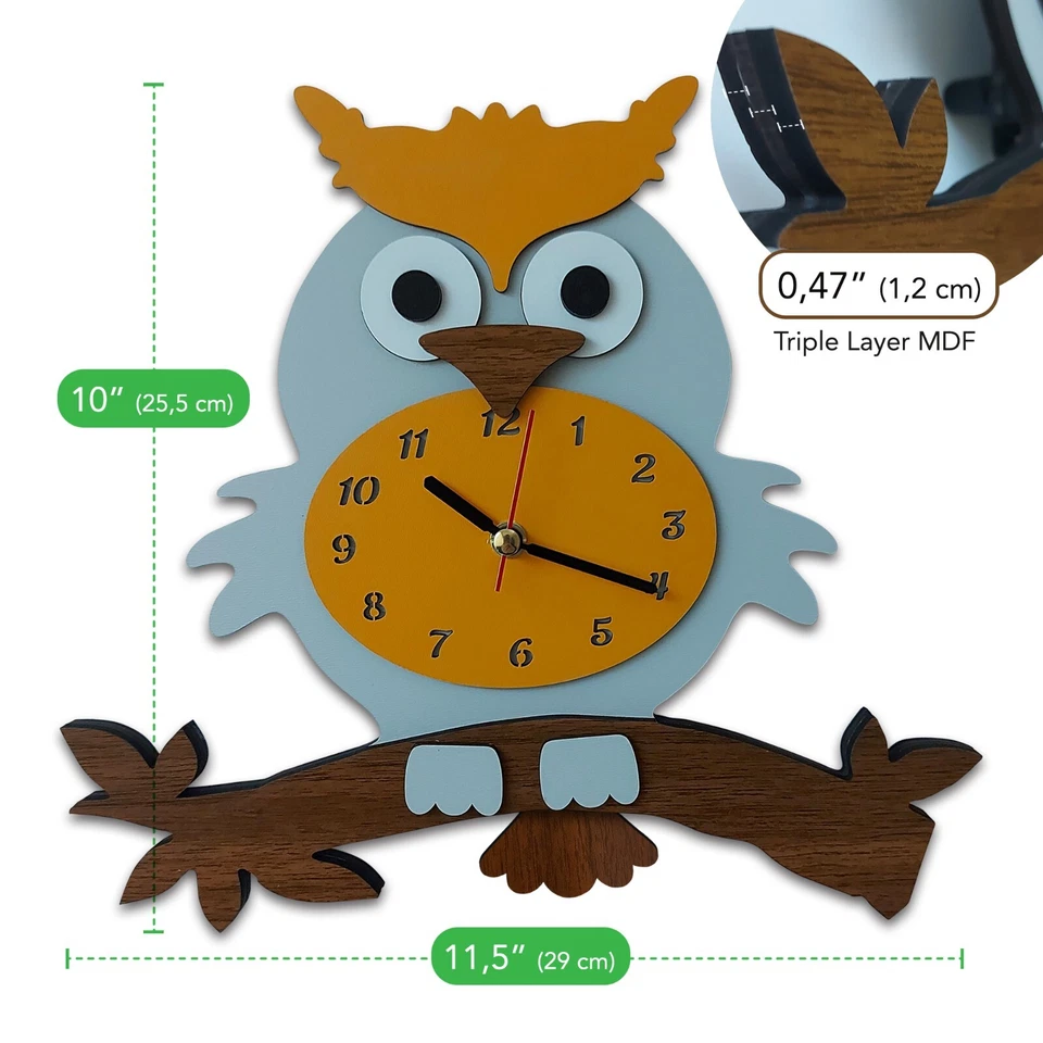 Reloj de Pared Cola Oscilante Búho Niños Reloj Analógico, Niños Niños Relojes de Pared Naranja Foto 3 de 4