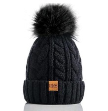 Women Winter Pompom Beanie Hat with Warm Fleece Lined, One Size, Black