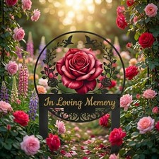 Personalized Red Rose Memorial Garden Stake, In Loving Memory Metal Sign, Custom