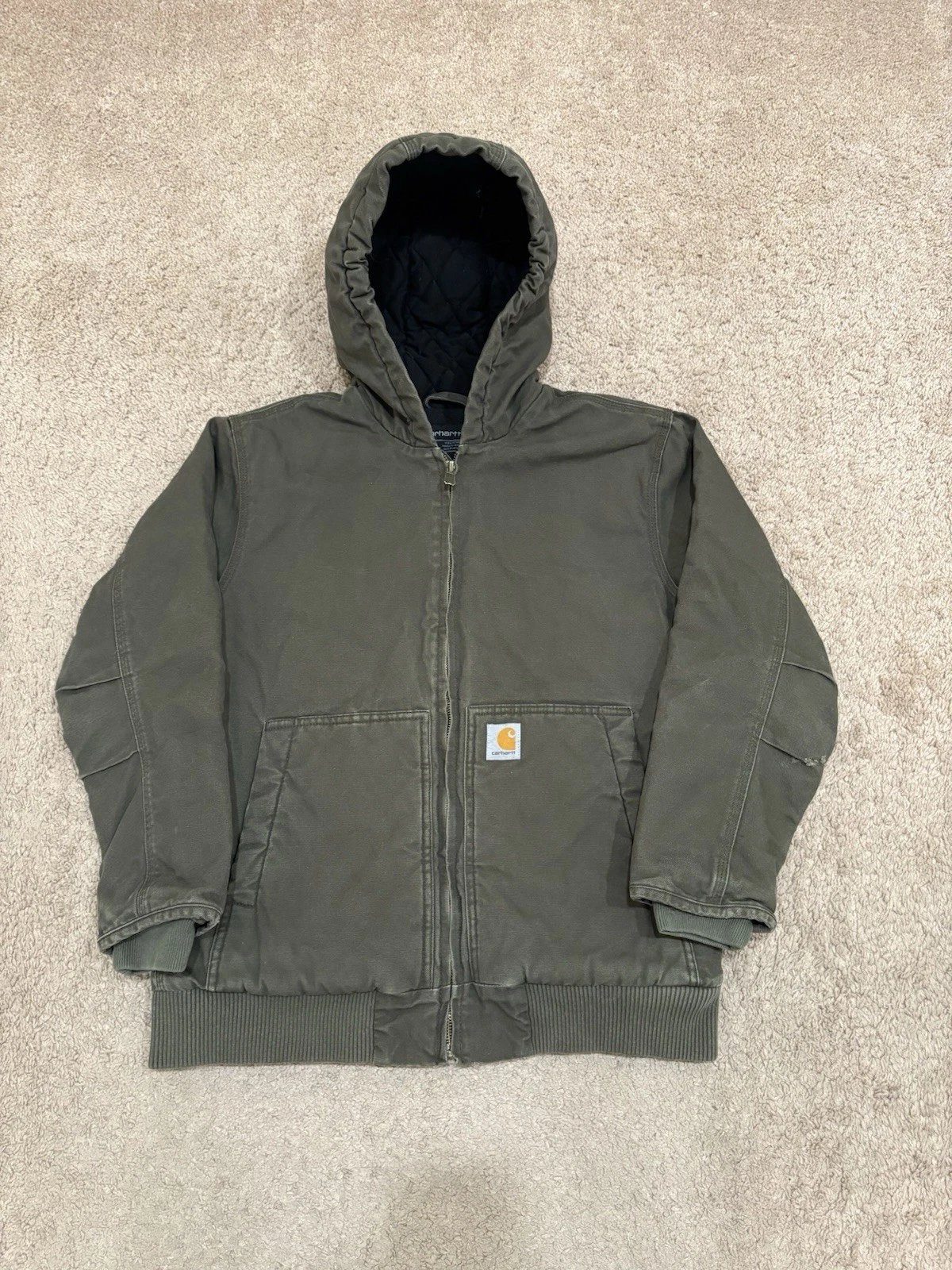 Carhartt Kids Jacket Olive Green Full Zip Youth Large (14-16) Hooded Workwear