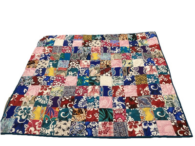 Vintage Handmade Quilt Machine Stiched Hawaiian Print Squares 56 x 49.5 