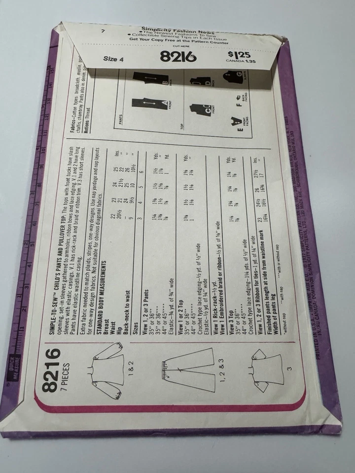 VTG Simplicity Pattern 8216 Girls Pants & Pullover Top Size 4 Kids UNCUT:FF - Image 3 of 4
