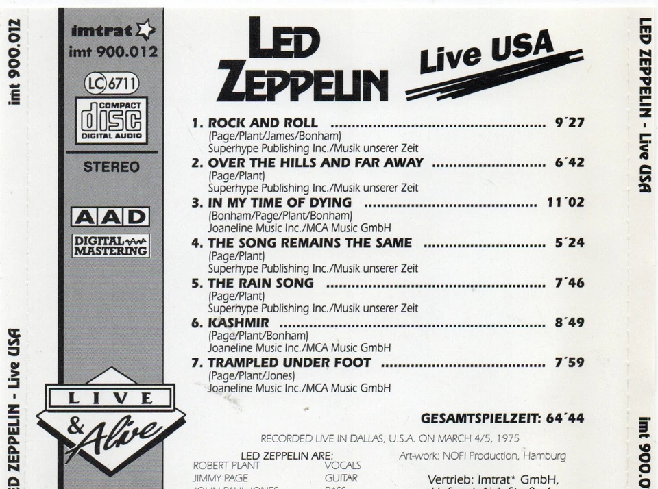 Musik   CD   -   LED  ZEPPELIN    -  LIVE USA - Bild 2 von 2