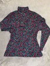 L.L.Bean Floral Mock Neck Top XL 100% Cotton USA Made Long Sleeve Vintage
