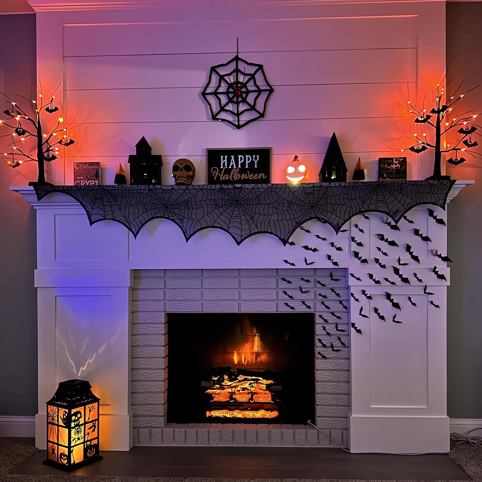 Halloween Fireplace Scarf, Black Lace Spiderweb Fireplace Mantle, Cobweb Fire...