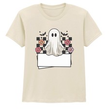 Ghost Halloween Kids T-Shirt Spooky Cute Bats Flowers Checkerboard