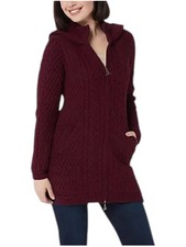 Aran Craft Merino Wool Zip-Front Hooded Sweater Cardigan Wine