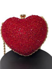 Red Crystal Heart Clutch Purse with Gold Chain Strap  Rhinestone Evening Bag