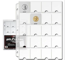 Pack / 20 BCW Vinyl 20-Pocket Coin Album Pages w/ Thumb Cut -binder sheet holder