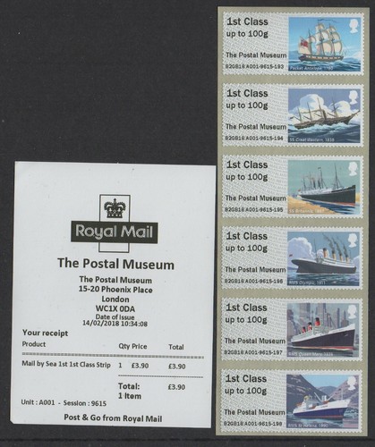 MAIL BY SEA POSTAL MUSEUM FEB 2018 A001 1st CLASS SET of 6 POST GO + Receipt