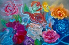 HAWAII ARTIST 24"x36" "COLORFUL FLORAL COLLAGE"  Original Oil One of a Kind