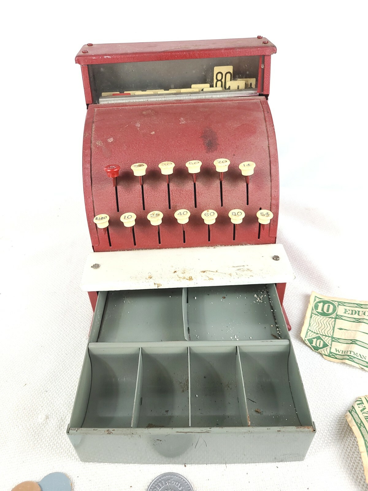 как выглядит Vintage TOM THUMB Red Metal Cash Register Cinderella Mfg. 1950s Toy 7B 3A фото