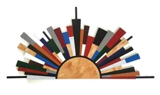 Mid Century Zen Twilight Sunburst Wall Sculpture, colorful Wood Wall Art 48x24