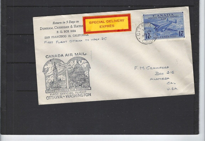 CANADA-COVER-1946-AIR-SPECIAL DELIVERY-EXPRESS-FIRST FLIGHT-OTTAWA TO ALAMEDA-VF