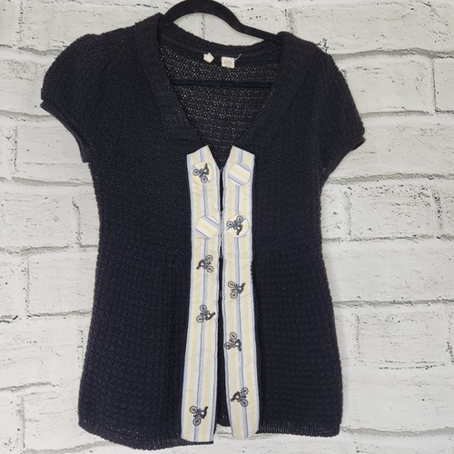 Moth Anthropologie Women's Black Bicycle Short Sleeved Knit Shirt Size Small - 第 1/13 張圖片