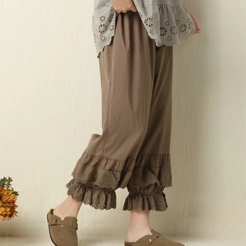 Mujeres Bloomers Pantalones Pantalones Capas Encaje Borde Volantes Sueltos Informales Retro - Imagen 12 de 19