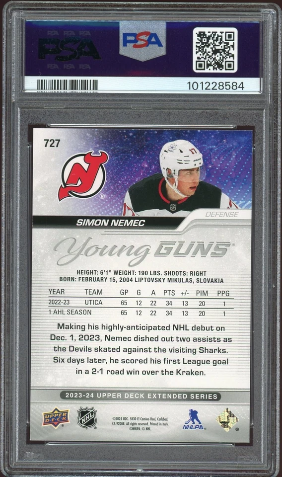 2023-24 Upper Deck Extended Series Simon Nemec Young Guns #727 PSA 8 RC Devils - Image 2 of 2