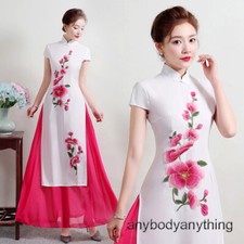Vietnamese Ao Dai Dress Floral Embroidered Cheongsam Maxi Dresses Chinese Qipao