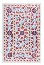 4.8x6.8 Ft Silk Hand Embroidered Suzani Bed Cover, Decorative Uzbek Wall Hanging