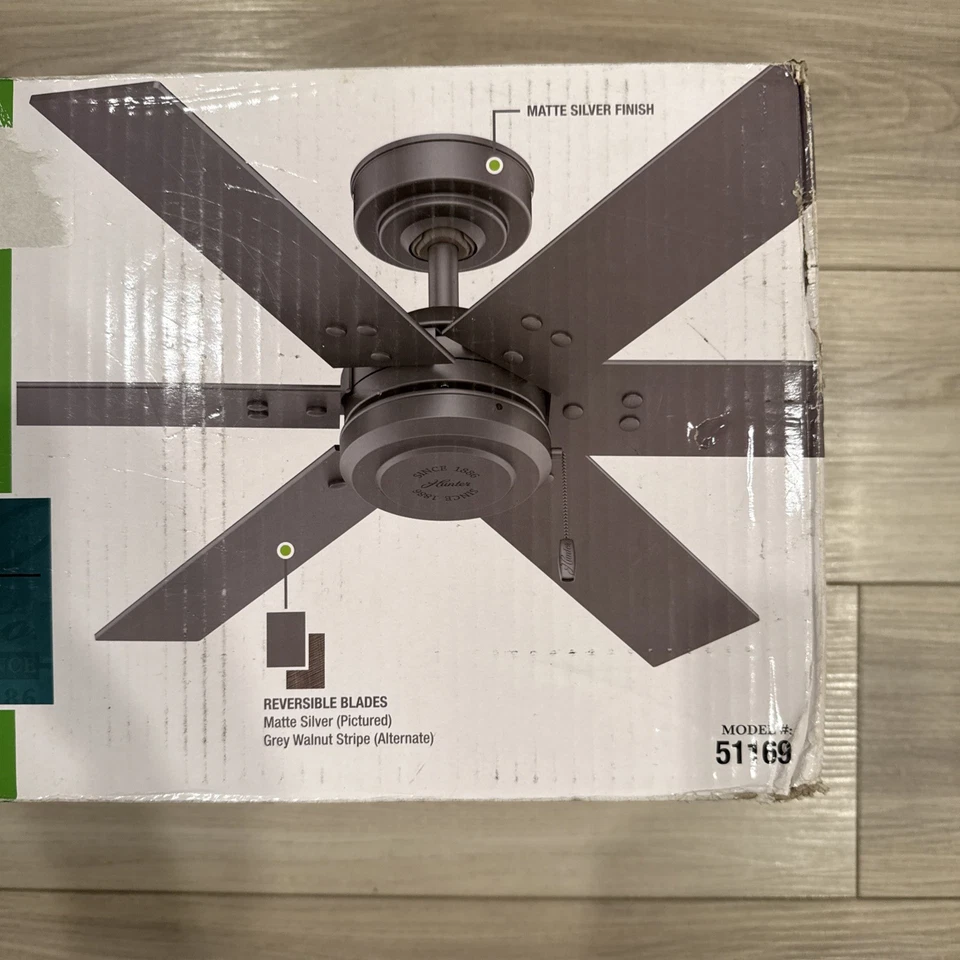 Hunter Perlman 44in outdoor 6 blade matte silver ceiling fan without light - Image 2 of 3