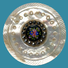 STUNNING! 19thC LG Carved Pearl Button w Enameled Brass & Steel Escutcheon