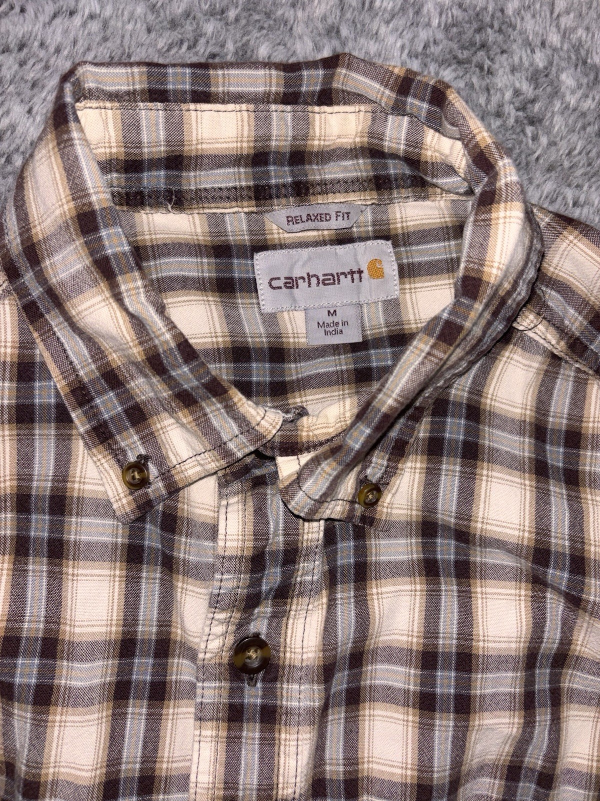 Carhartt Men's Relaxed Fit Plaid Button-Down Shirt Brown Cream Blue Size M thumbnail 3