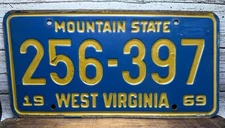 1969 West Virginia WV Mountain State License Plate Tag 256-397 Blue Yellow