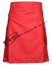 Handmade Red Cotton Utility Kilt, Hybrid Kilt, Gol Pockets Custom Size kilts