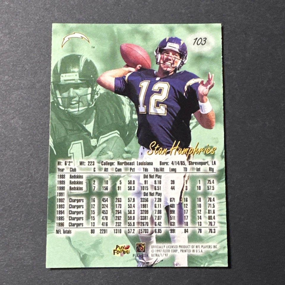 1997 Fleer Ultra Stan Humphries #103 San Diego Chargers  - Image 2 of 2