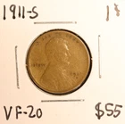 1911-S Lincoln Cent Semi-Key Date VF-20 NO RESERVE
