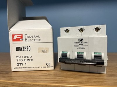 Federal Electric MCB 20 Amp Typ D 20A dreipolig D20 Stablok HDA HDA3P20 NEU!