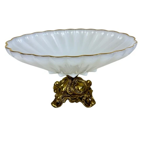Vintage Milk Glass Gold Trim Brass Footed Oval Scalloped Candy Dish Ornate Regal