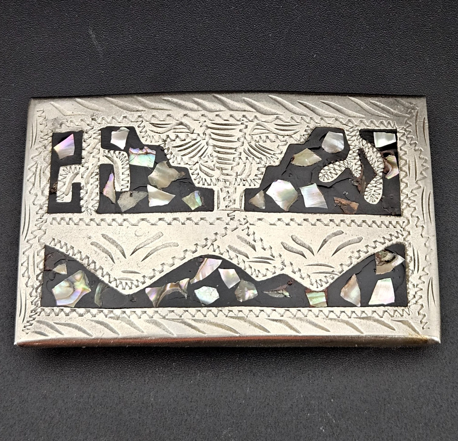 s-l1600 Vintage Mexican Alpaca Silver Belt Buckle Abalone Inlay Temple Landscape Design