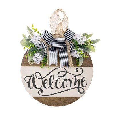 Welcome Sign for Front Door Round Sign with Bowknot Flower Decorative Board