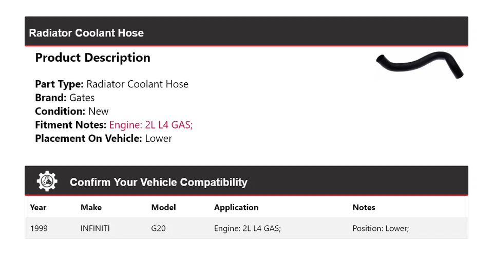 Manguera de refrigerante de radiador de gas Infiniti G20 1999 2L L4 puertas inferiores Foto 2 de 4