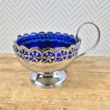 Antique CELTIC Quality Silver Plate Cobalt Blue Glass Bowl Made In England