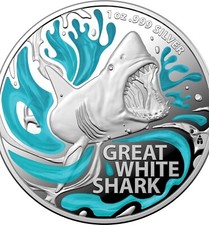 2022 Australia $5 Great White Shark Silver Proof Coloured Coin.