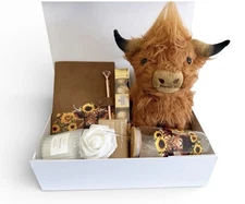 Highland Cow Gift Box Hamper White Magnetic Close Box With Tumbler & Teddy