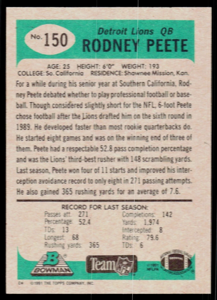 Rodney Peete, 1991 Bowman, #150, Detroit Lions, - Image 2 of 2