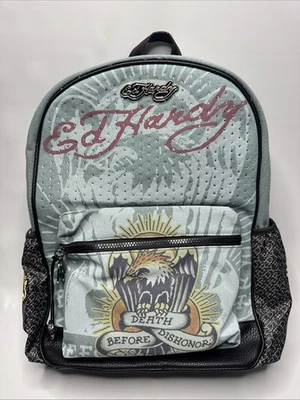 Ed Hardy Y2K Denim Backpack Skull Eagle Rhinestone Tattoo Graphic NWT - Photo 1/4