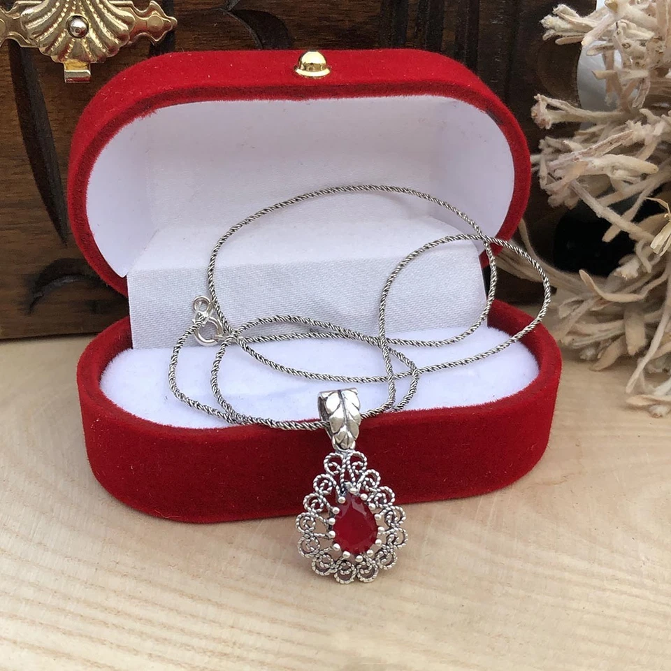 Auténtico conjunto de joyas de filigrana de plata de ley 925 con caja de regalo de piedras de rubí Foto 2 de 4