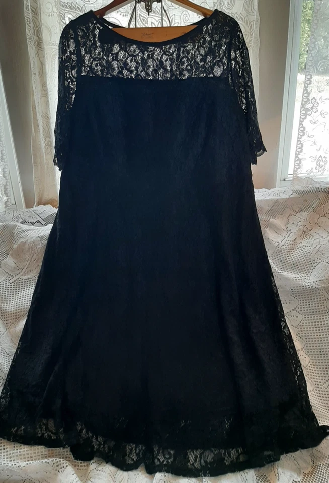 woman dress black lace plus size 20W sheer short sleeve midi - Image 3 of 4