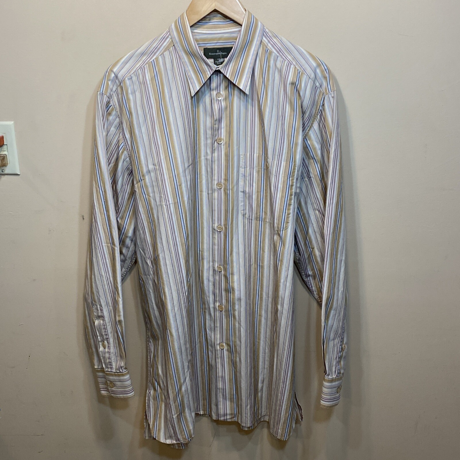 Ermenegildo Zegna Mens Dress Shirt Beige Blue Red LT Finest Cotton Made In Italy