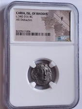 CARIA, Rhodes AR Didrachm 340-316 BC.A Helios / Rose Ancient greek coin NGC F