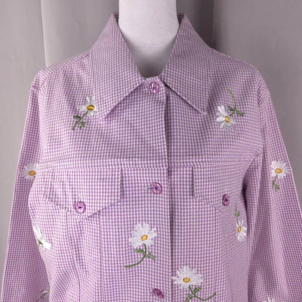 Quacker Factory Jacket Womens Medium Purple Gingham Daisy Floral Embroidered Vtg - Image 3 of 4