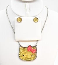 18" SANRIO 2012 Yellow Resin Rhinestone Hello Kitty Necklace Red Bow/Earrings