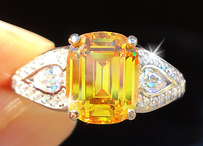 3 ct Canary Emerald Cut Ring Brilliant Top Quality CZ Sterling Silver 9
