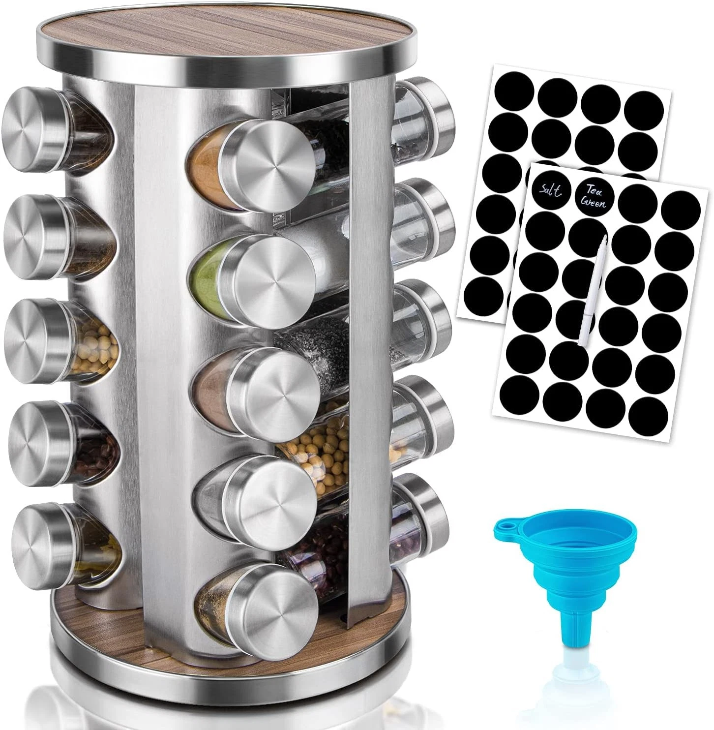 Rotating Spice Rack Organizer with Jars(20Pcs), Seasoning Medium, Silver