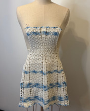 Vintage Blue  White Crocheted Handmade Cotton Apron With Pin Up Bib